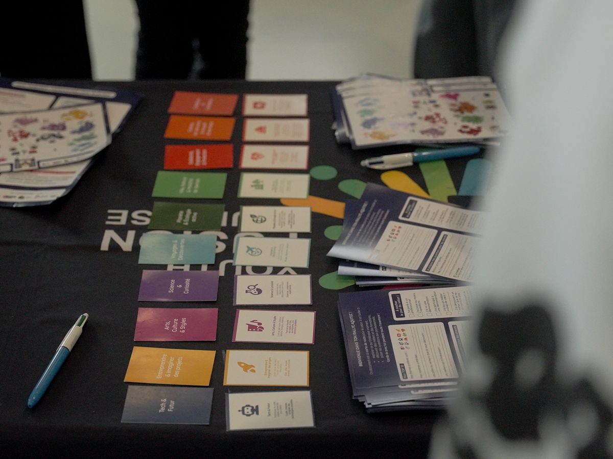 Table de l’atelier Fusion Jeunesse avec les cartes métiers et les supports pédagogiques